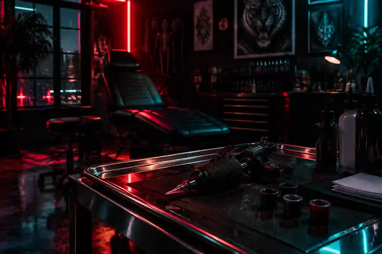 Interior do estúdio Respawn Ink com luzes neon